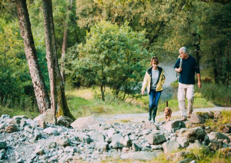 Older couple walking their dog